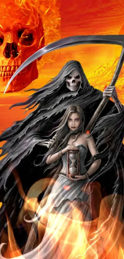 Fiery Grim Reaper and skull in vivid orange flames.