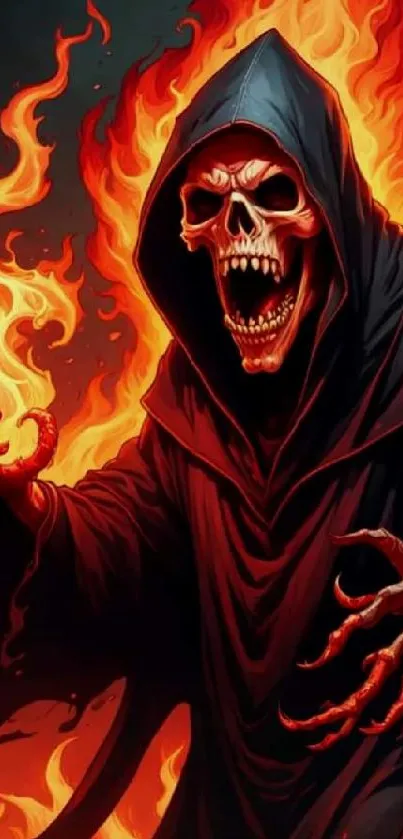 Fiery skeletal Grim Reaper with flames spreading around.