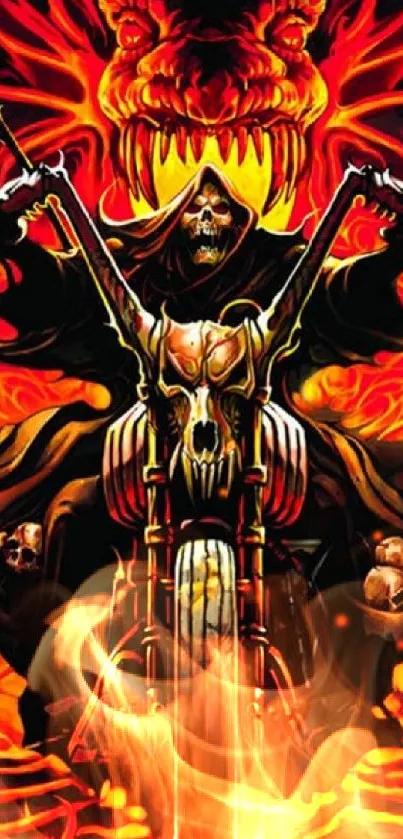 Fiery Grim Reaper with motorcycle in vivid flame colors, gothic art.