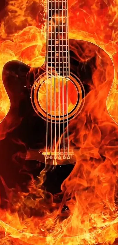 Guitar engulfed in vibrant flames, creating a fiery artistic mobile wallpaper.