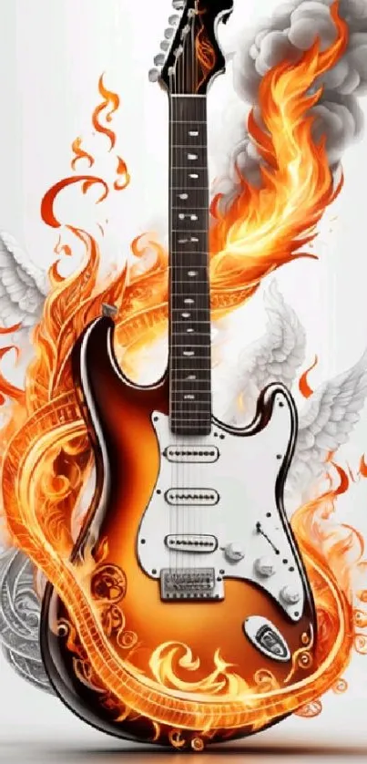 Fiery guitar with artistic flames and wings wallpaper.