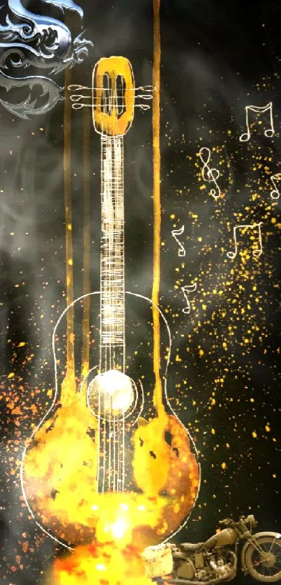 Fiery guitar with dragon and music notes on a black background.