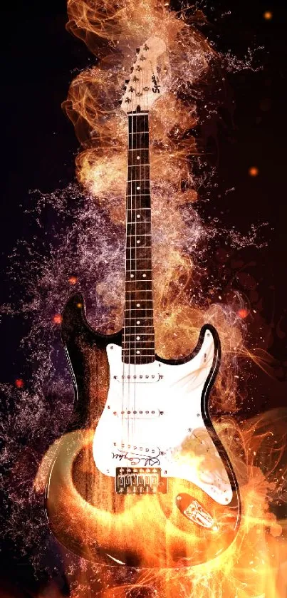 Fiery electric guitar with flames design mobile wallpaper.