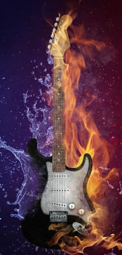 Electric guitar with fiery flames and water, creating a dynamic artistic effect.