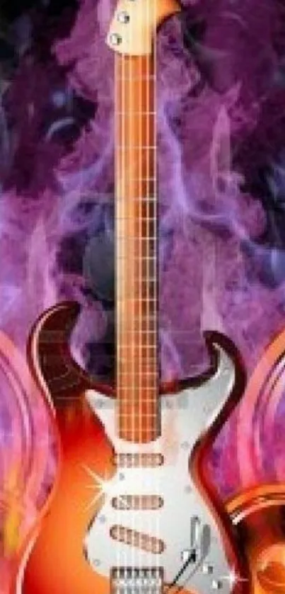 Fiery guitar with colorful smoke and speakers design.