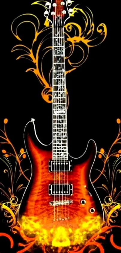 Fiery guitar with swirling orange flames on a black background.