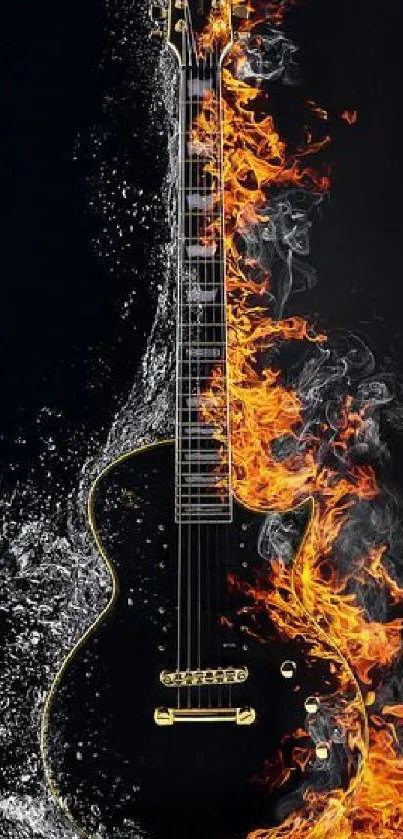 Mobile wallpaper of a guitar engulfed in flames and smoke.