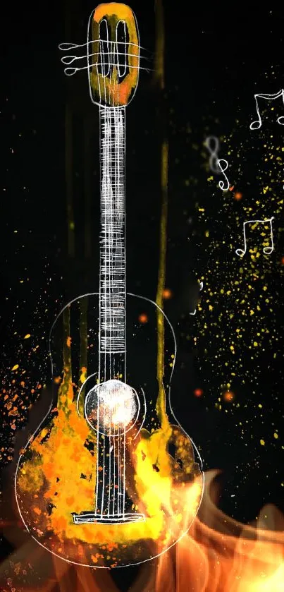 Fiery guitar with musical notes and artistic flame design.