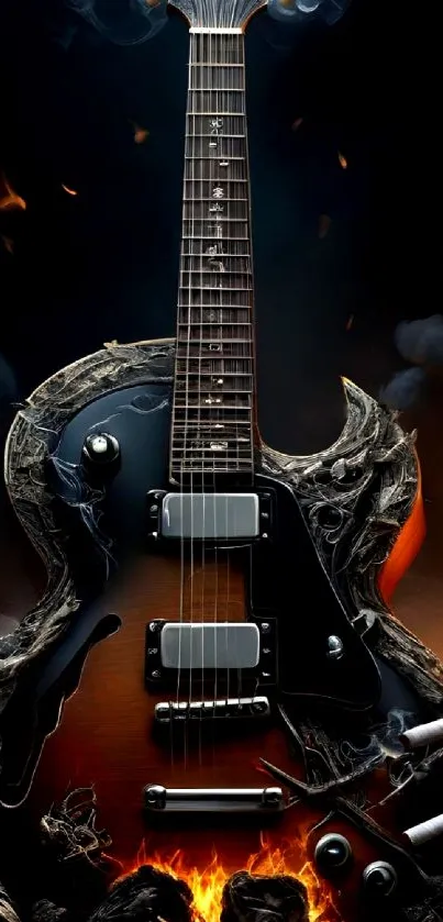 Electric guitar surrounded by flames and smoke, creating a dramatic effect.