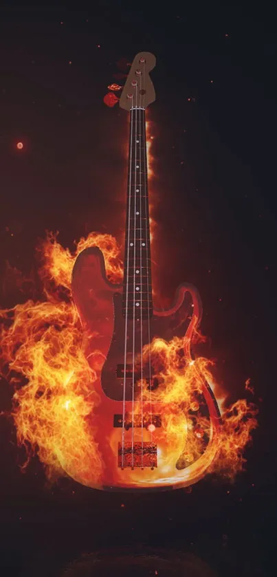 Guitar engulfed in realistic flames on a mobile wallpaper.