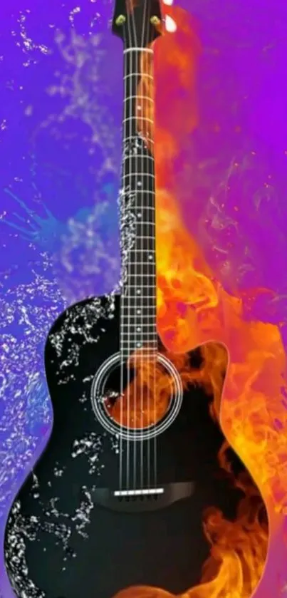 Artistic guitar with flames and water in vibrant colors.