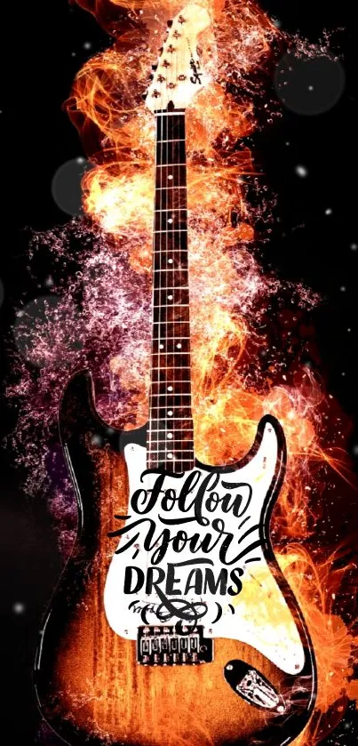 Fiery guitar with 'Follow Your Dreams' text on a vibrant background.