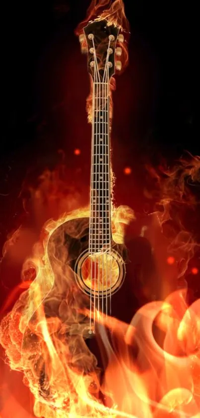 Guitar surrounded by vibrant orange flames.