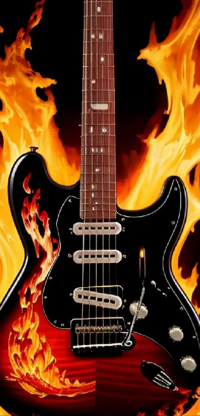 Electric guitar engulfed in vibrant orange flames, set against a fiery backdrop.