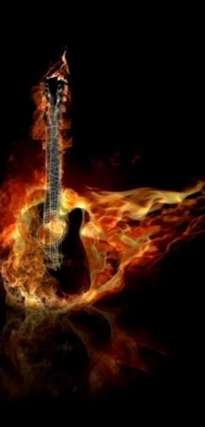 Fiery guitar with flames on black background, creating a dynamic and musical theme.