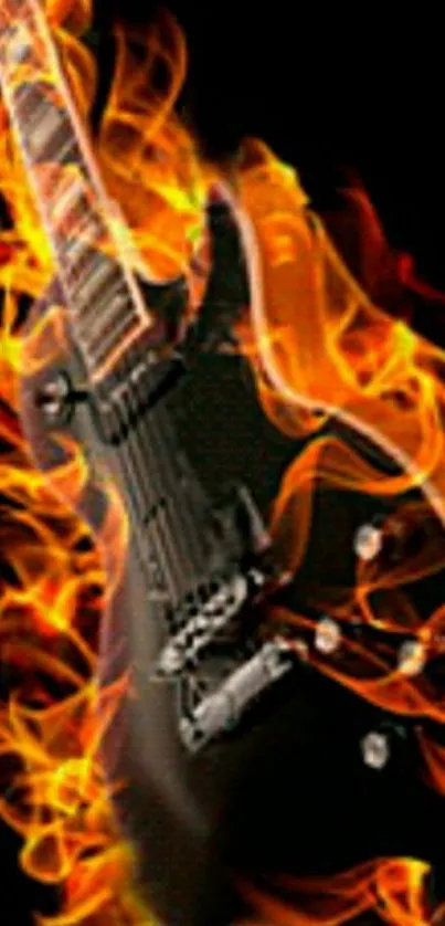 Black electric guitar surrounded by fiery flames on a dark background.