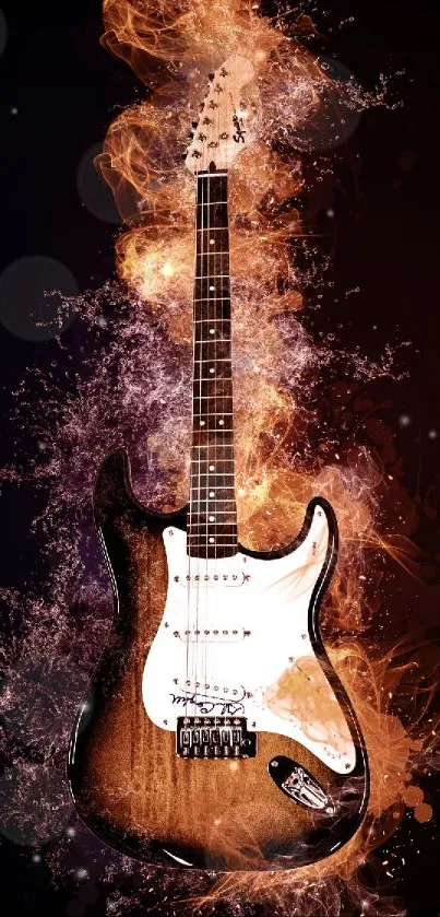 Fiery electric guitar with flames on black background wallpaper.