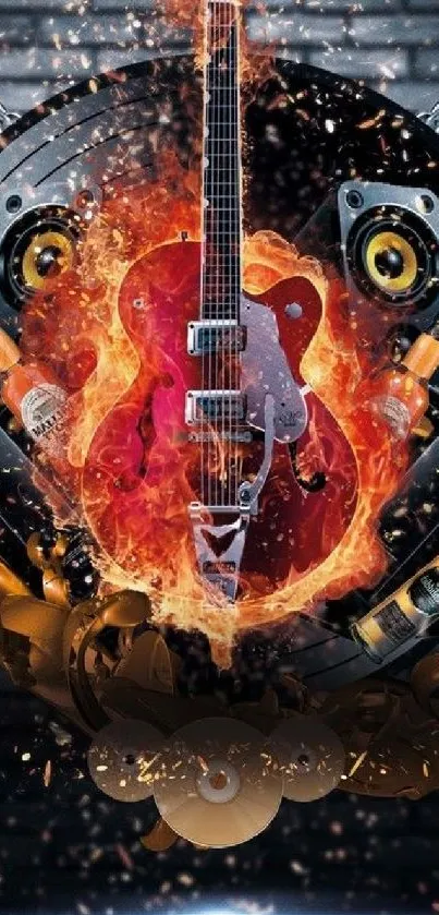 Fiery guitar with flames and music speakers on a vinyl backdrop.