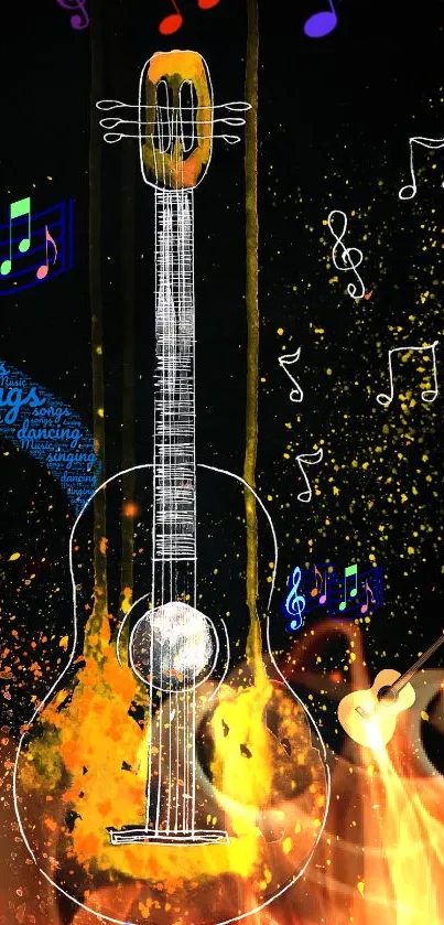 Artistic fiery guitar wallpaper with music notes.