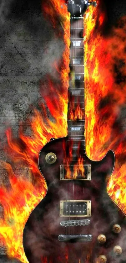 Fiery guitar engulfed in vivid flames on a dark background.