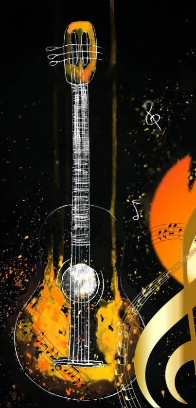 Artistic guitar with fiery elements and music notes against a dark background.