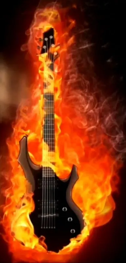 Electric guitar on fire with vibrant orange flames against a black background.