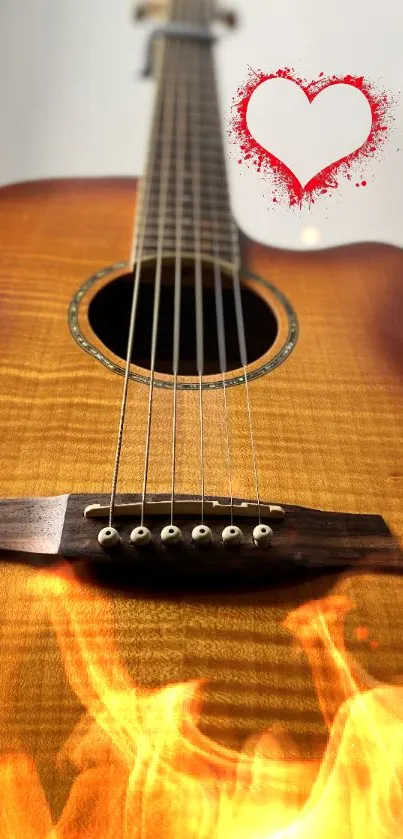 Wallpaper of a guitar with flames and a heart design.