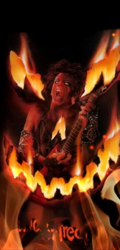 Fiery guitarist amidst Halloween flames themed wallpaper.