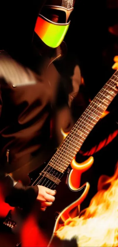 Masked guitarist playing amidst fiery flames, vibrant design.