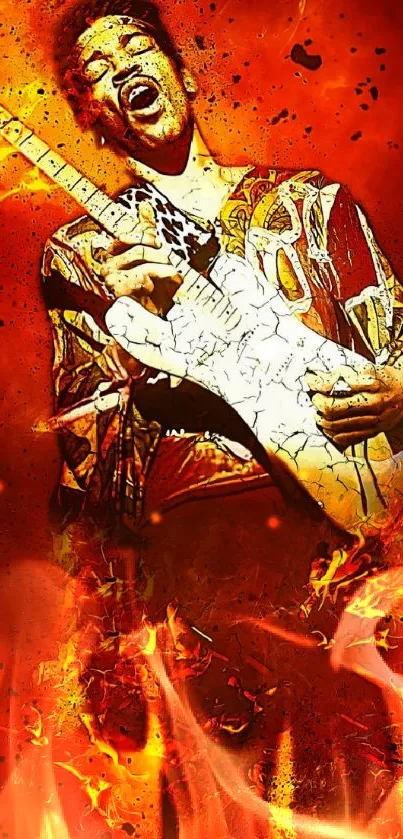 Dynamic wallpaper of a fiery guitarist with vibrant red and orange colors.