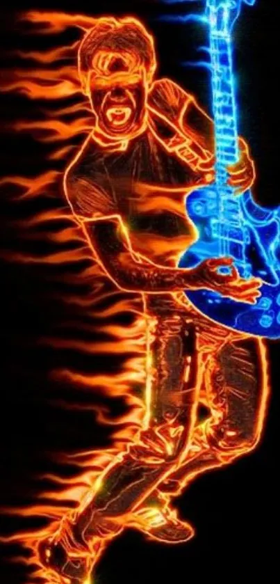 Fiery neon guitarist with blue guitar glowing on mobile wallpaper.