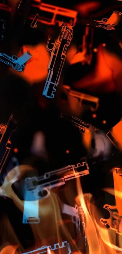 Fiery digital guns in abstract style on a dark background.