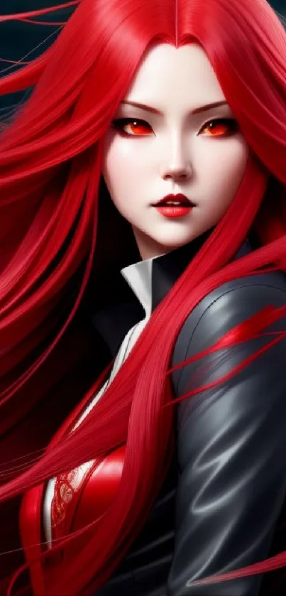 Anime character with fiery red hair and red eyes in dynamic pose.