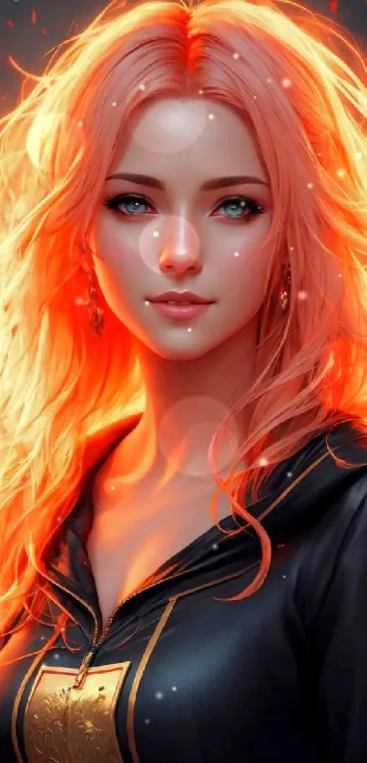 Fantasy woman with fiery hair and enchanting flames in a digital art illustration.