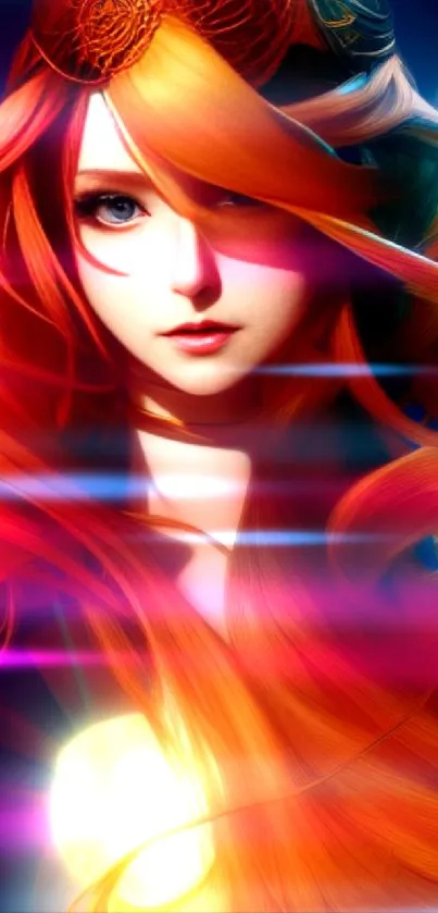 A mystical figure with fiery orange hair, glowing in a fantasy-themed wallpaper.