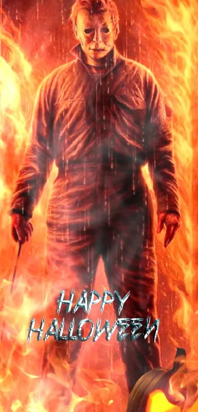 Halloween mask in flames with 'Happy Halloween' text.