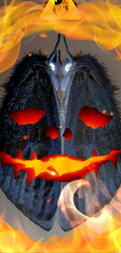 A fiery Halloween mask with orange flames.