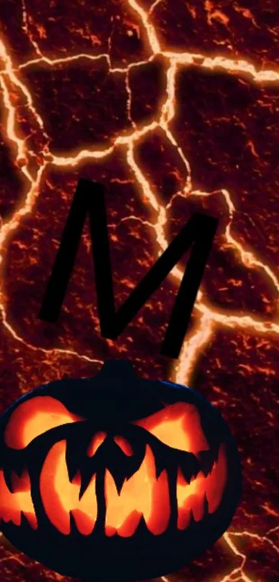 Fiery Halloween pumpkin with lightning background.