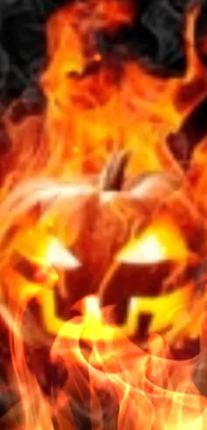 A glowing pumpkin engulfed in flames, perfect for a Halloween-themed wallpaper.