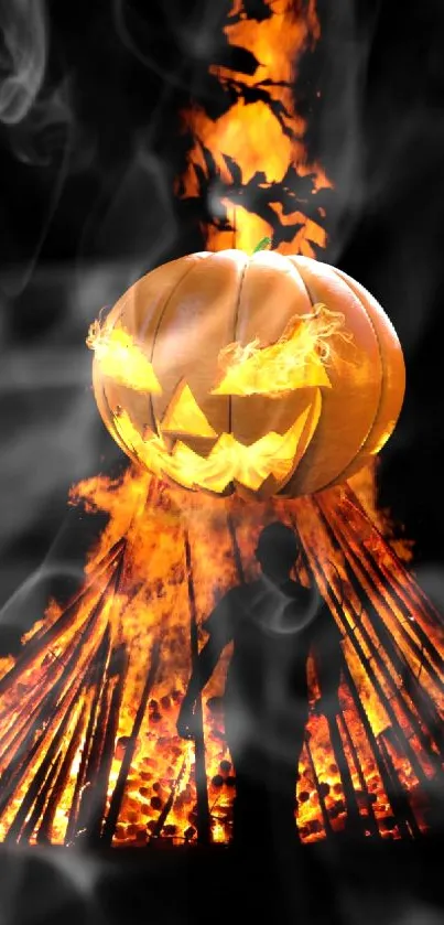 Glowing Halloween pumpkin with fire over a bonfire, perfect for spooky celebrations.