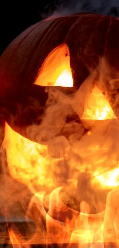 Glowing jack-o'-lantern with fiery flames.