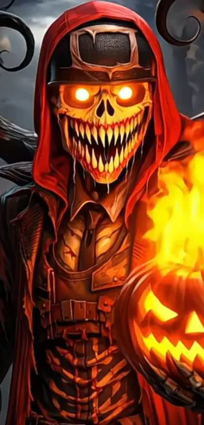Fiery skull in a hood with a glowing pumpkin, perfect for Halloween.