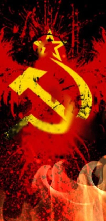 Fiery wallpaper featuring a hammer and sickle with flames on a red background.