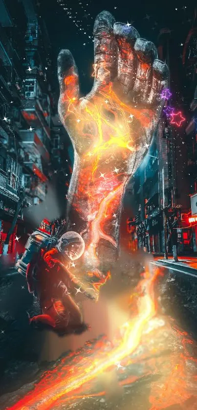 A surreal wallpaper with a fiery hand illuminating an urban street at night.