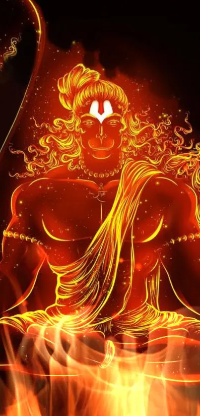 Fiery Hanuman surrounded by vibrant orange flames for mobile wallpaper.