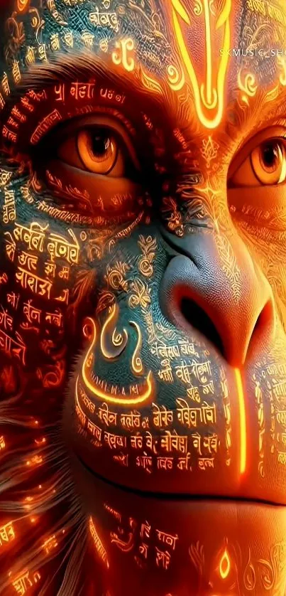 Fiery Hanuman face with sacred texts in bright orange.