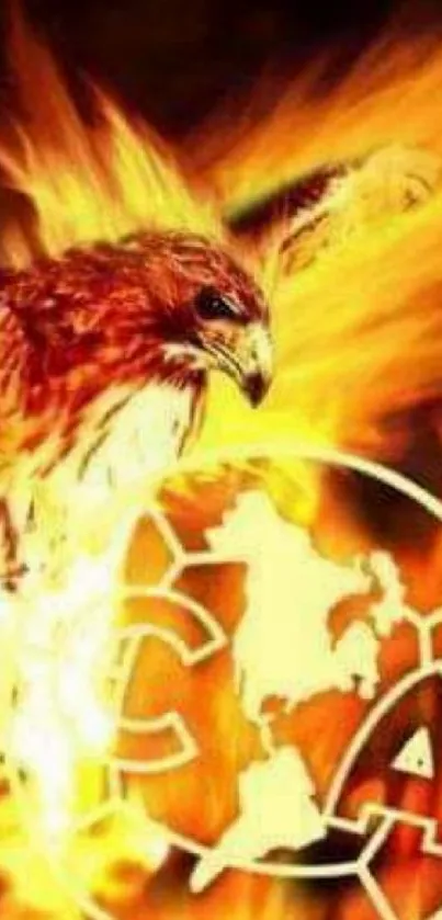 Fiery hawk with a glowing orb and vibrant flames.