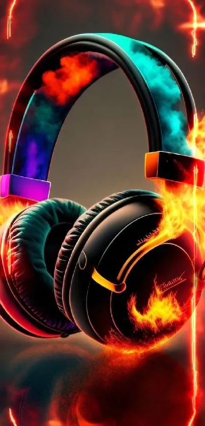 Neon headphones with fiery accents on a dark background.