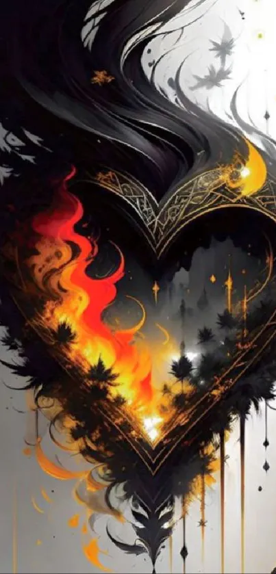 Fiery heart with intricate design and flames.