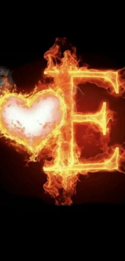 Fiery heart and letter E glowing in flames on a black background.